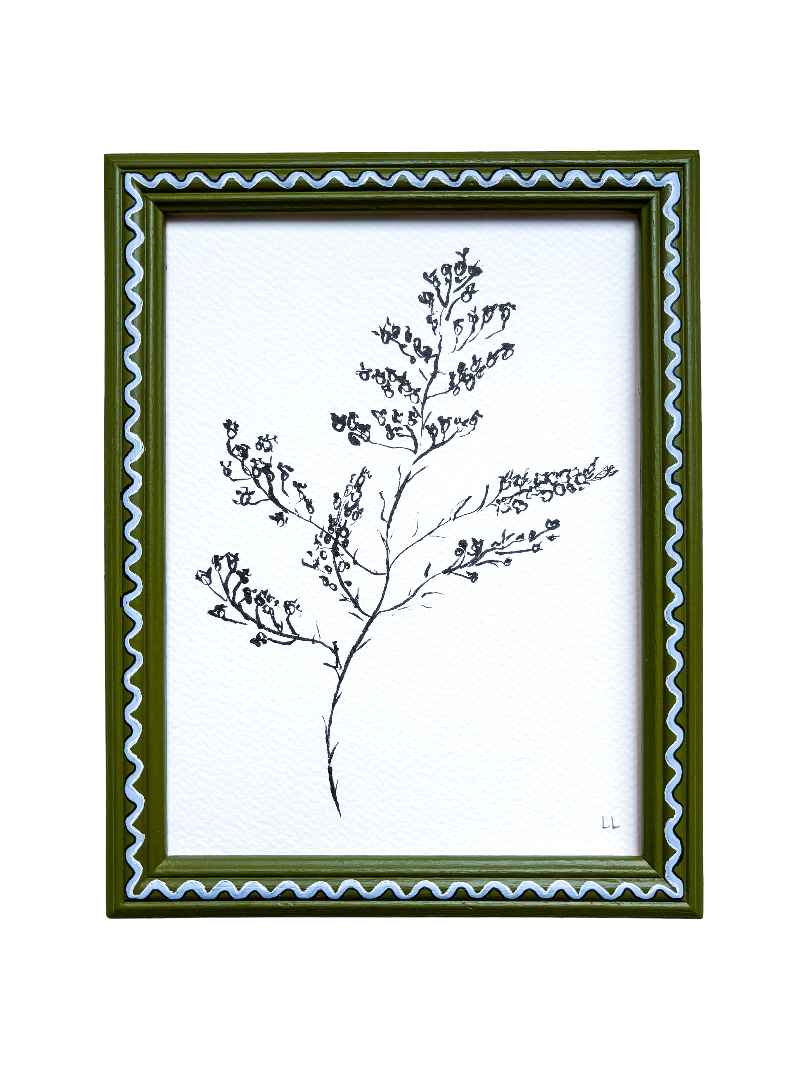 WILDFLOWER ORIGINAL INK ARTWORK IN A HAND PAINTED GREEN AND BLUE FRAME