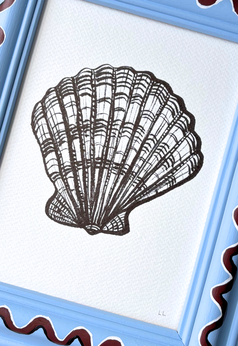 SCALLOP ORIGINAL INK DRAWING IN HAND PAINTED FRAME