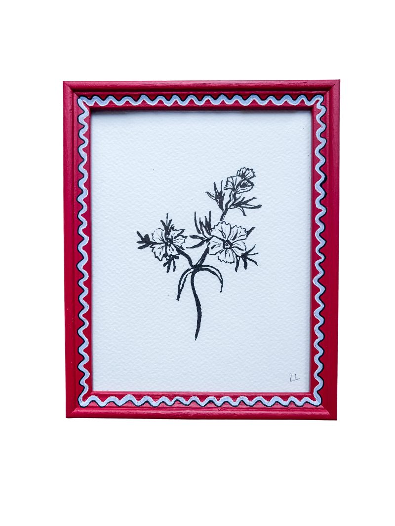SWEET WILLIAM ORIGINAL INK ARTWORK IN A HAND PAINTED RED AND BLUE FRAME