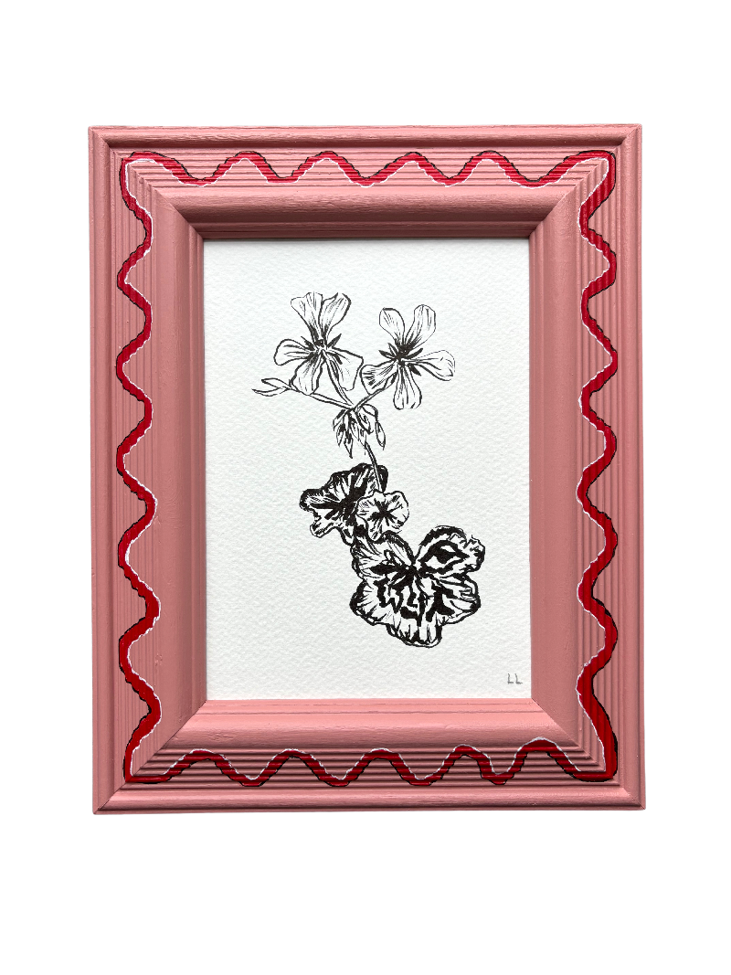 PELARGONIUM ORIGINAL INK ARTWORK IN A HAND PAINTED PINK AND RED FRAME