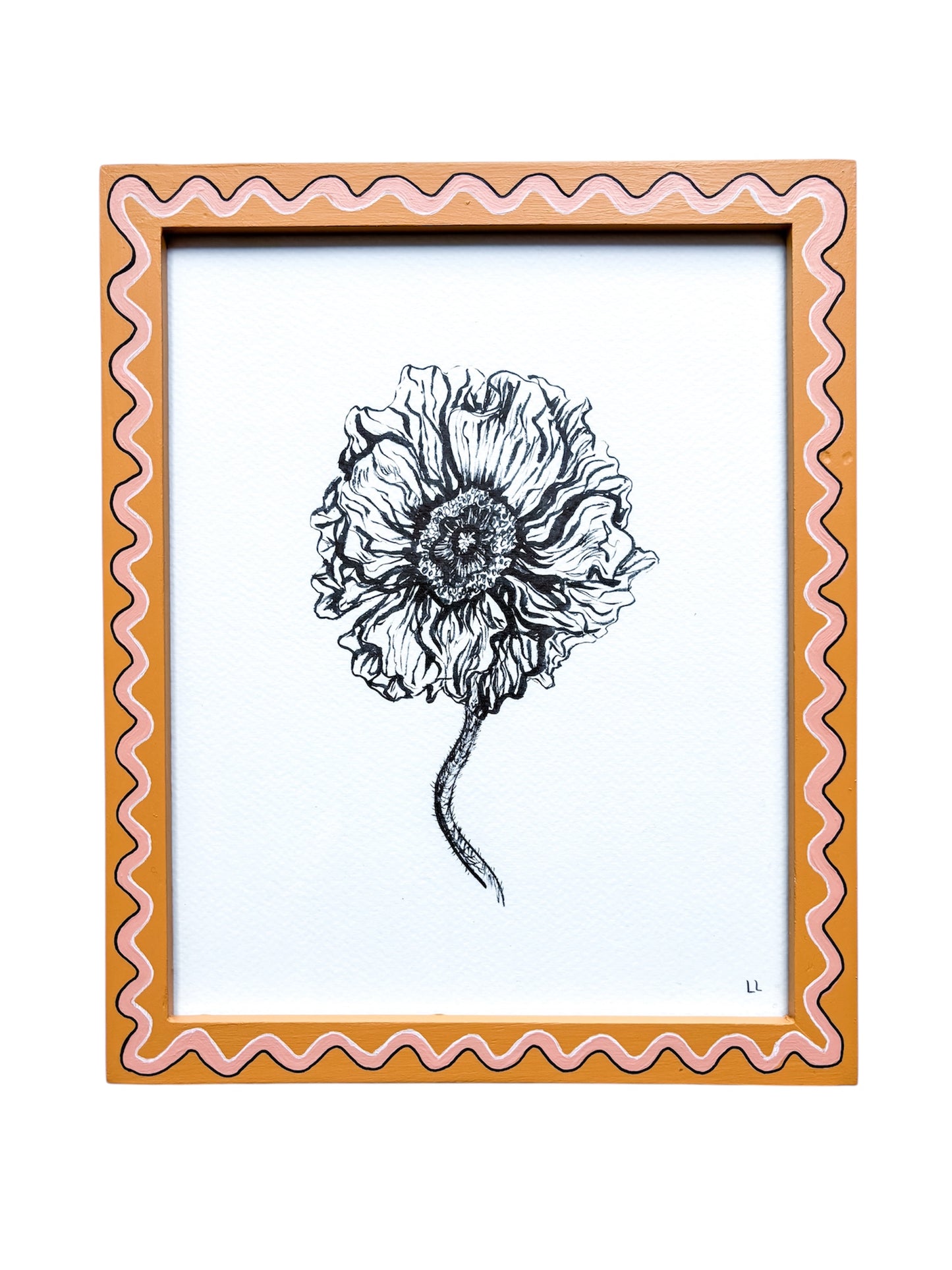 POPPY ORIGINAL INK ARTWORK IN A HAND PAINTED MUSTARD AND PINK PRELOVED FRAME