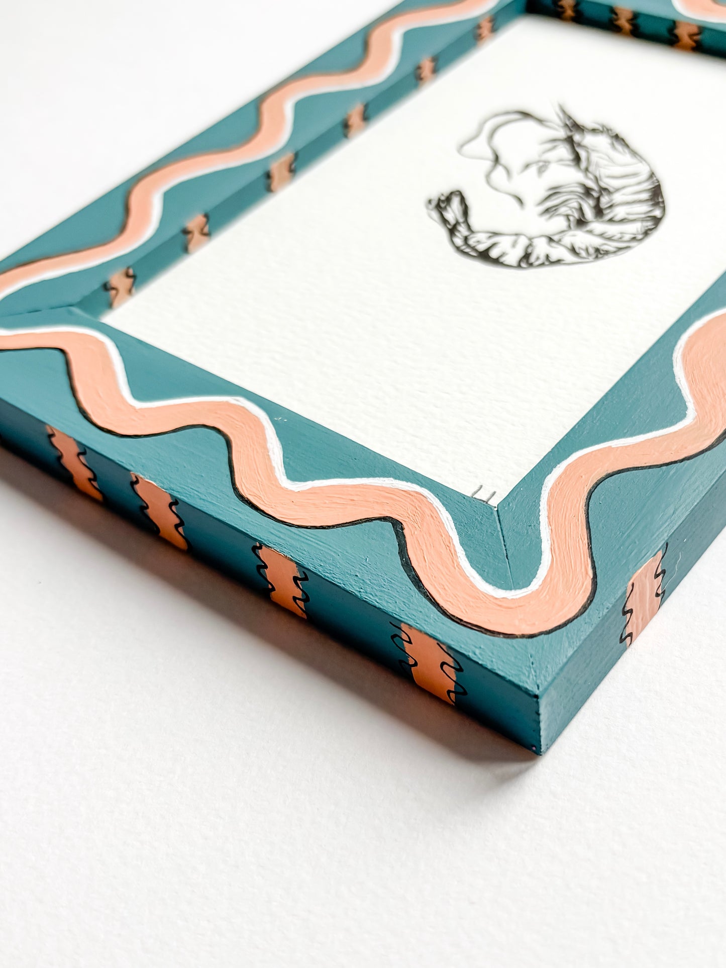 PRAWN ORIGINAL INK ARTWORK IN A HAND PAINTED BLUE AND PINK WIGGLE AND STRIPED PRELOVED FRAME