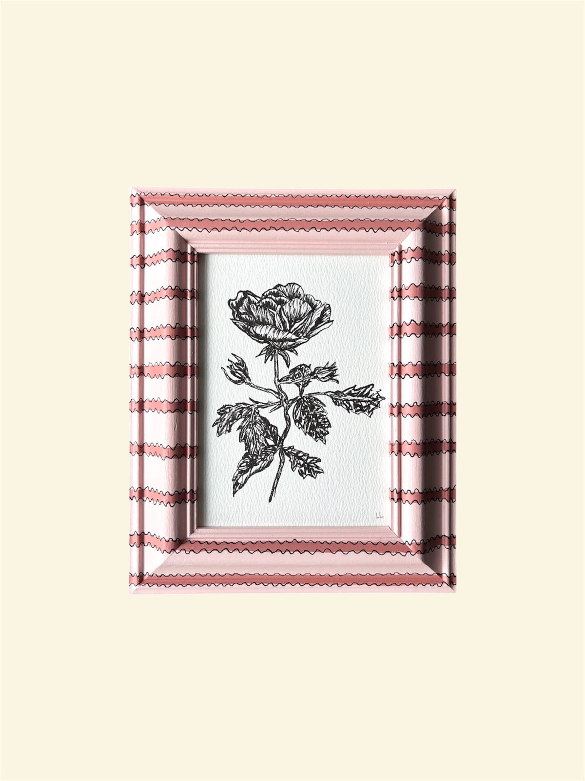 ROSE ORIGINAL INK ARTWORK IN A HAND PAINTED PINK ON PINK STRIPED PRELOVED FRAME