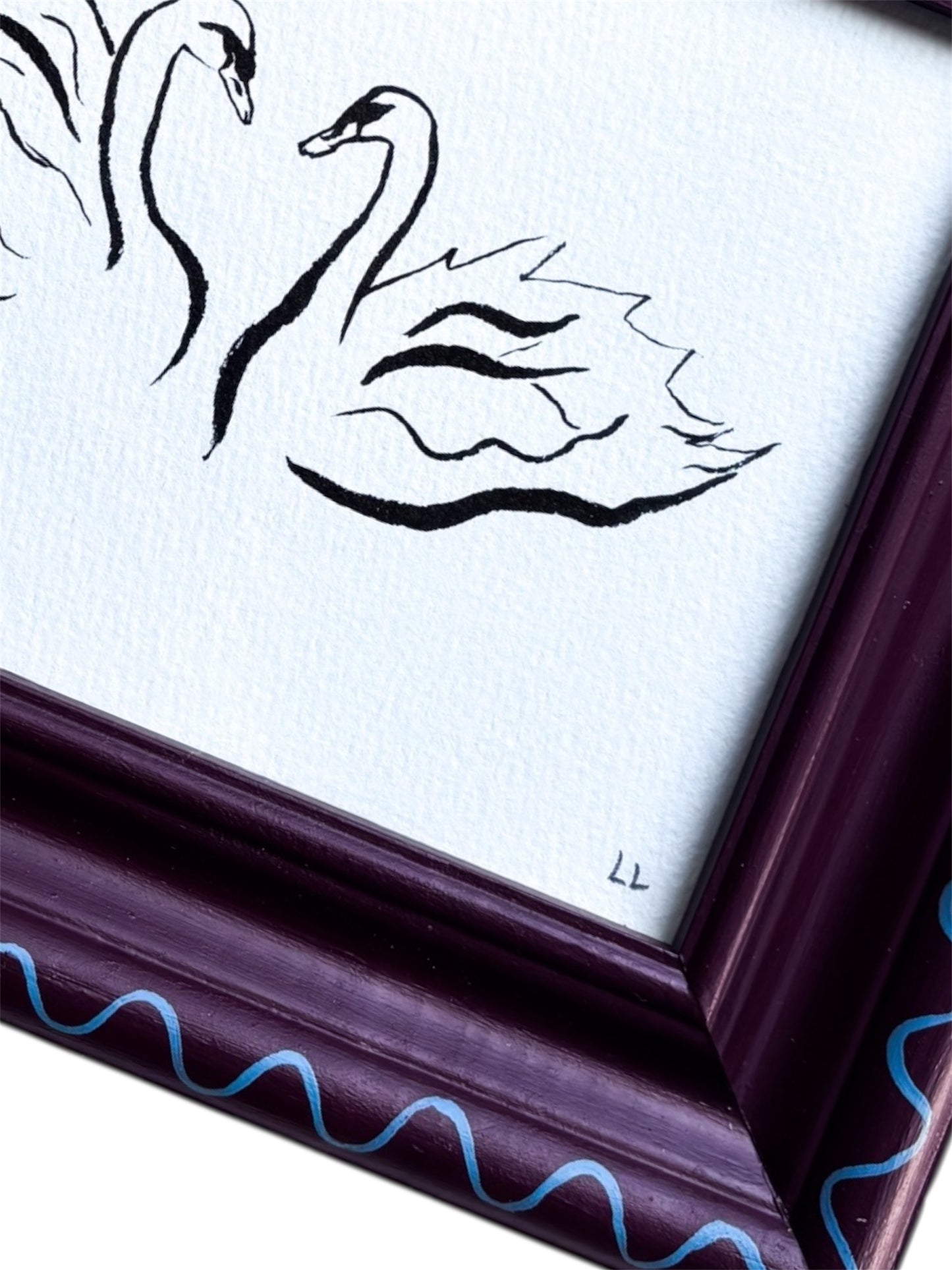 SWAN ORIGINAL INK ARTWORK IN A HAND PAINTED BURGUNDY AND BLUE WIGGLE FRAME