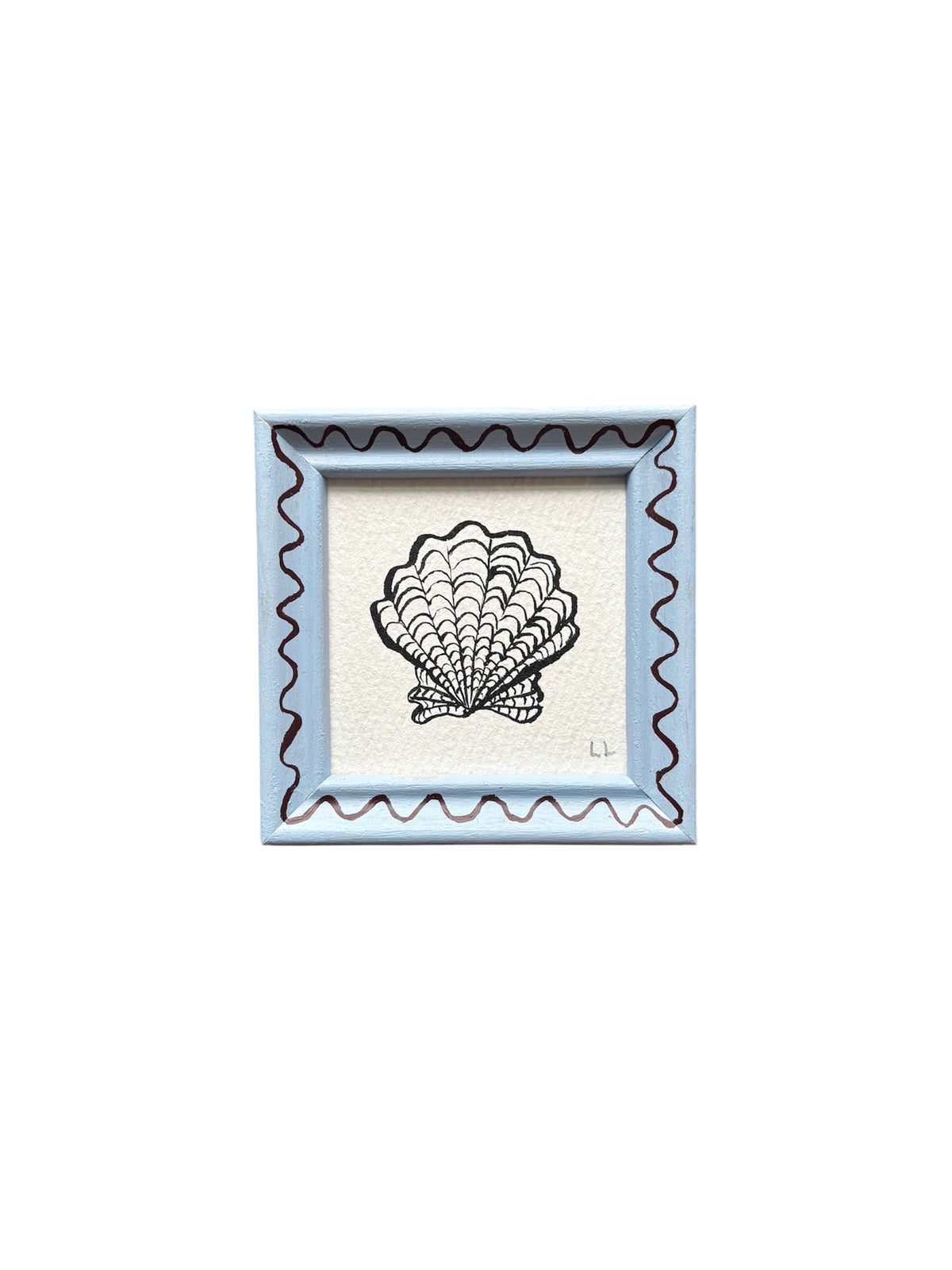 MINI SCALLOP ORIGINAL INK ARTWORK IN A HAND PAINTED BLUE AND BURGUNDY WIGGLE FRAME