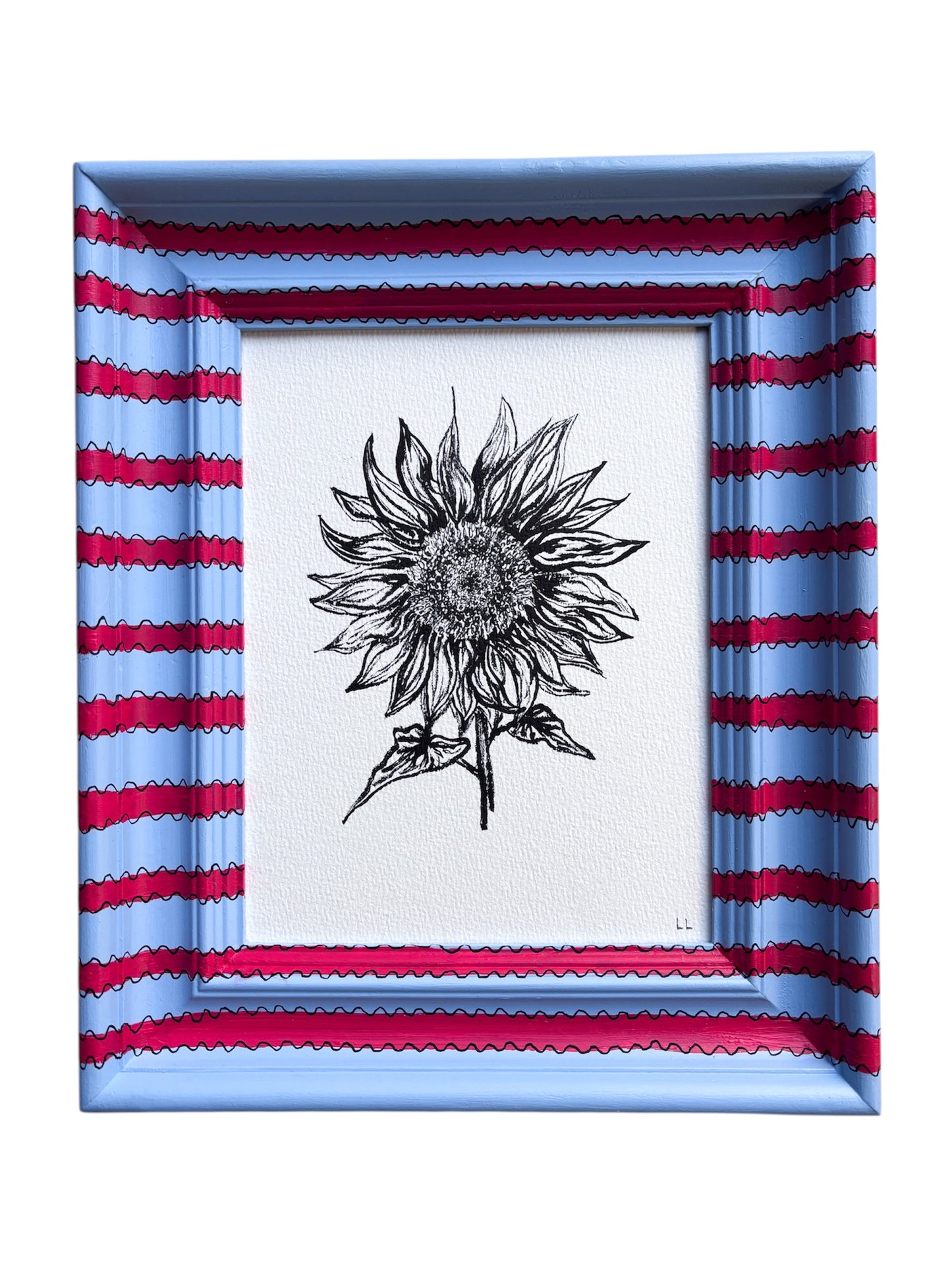 SUNFLOWER ORIGINAL INK ARTWORK IN A HAND PAINTED RED AND BLUE STRIPED PRELOVED FRAME