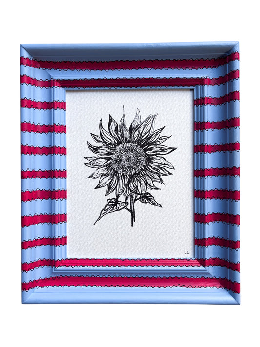 SUNFLOWER ORIGINAL INK ARTWORK IN A HAND PAINTED RED AND BLUE STRIPED PRELOVED FRAME