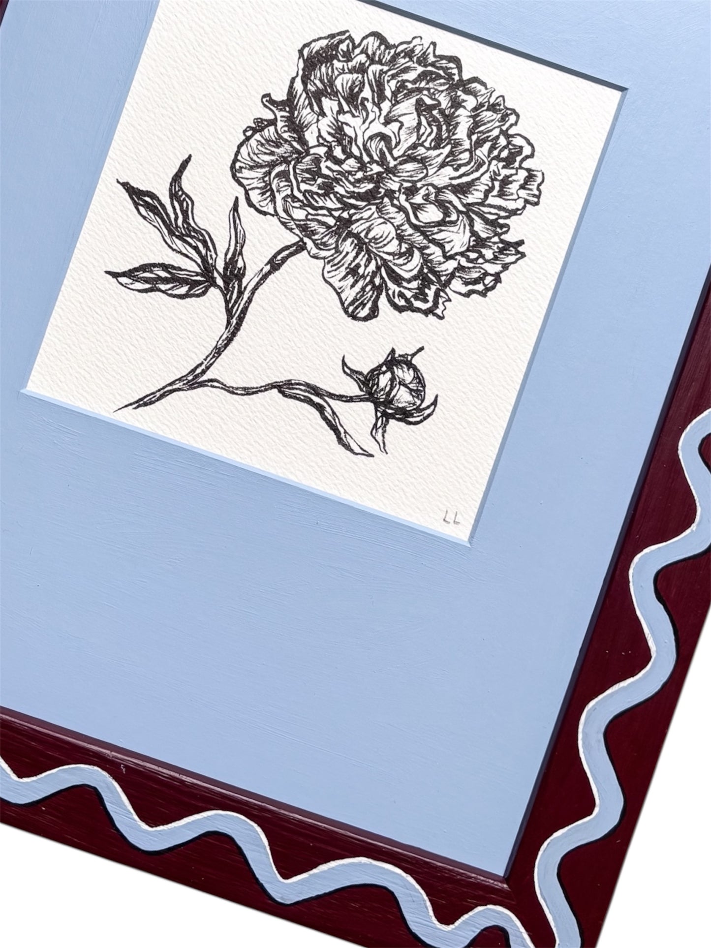 PEONY ORIGINAL INK ARTWORK IN A HAND PAINTED BURGUNDY AND BLUE WIGGLE WITH BLUE MOUNT PRELOVED FRAME