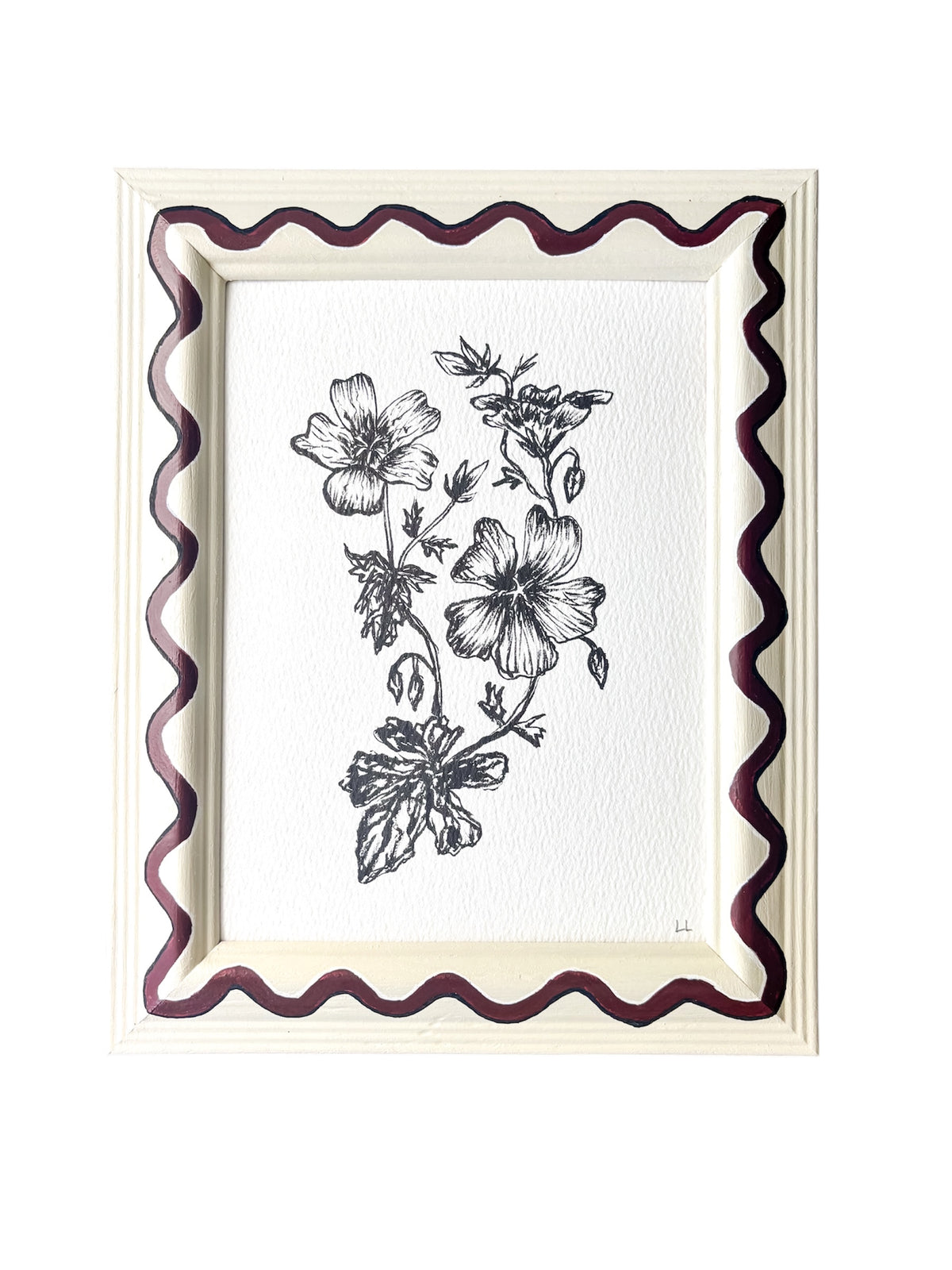 WILDFLOWER ORIGINAL INK ARTWORK IN A HAND PAINTED CREAM AND BURGUNDY WIGGLE PRELOVED FRAME