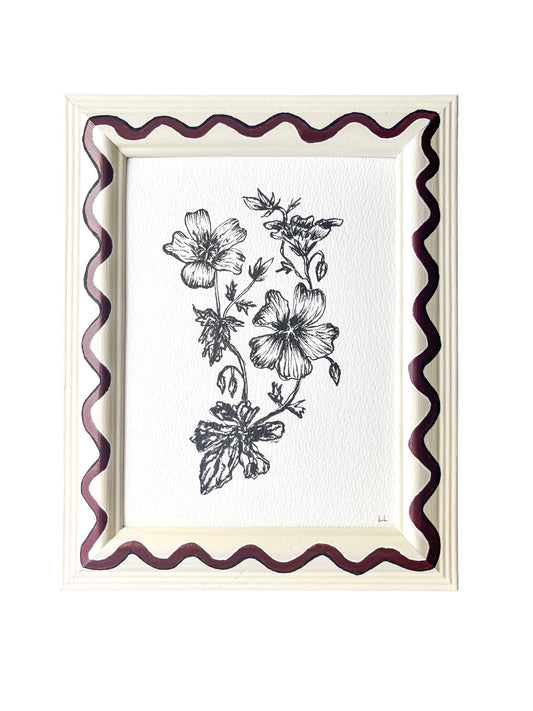 WILDFLOWER ORIGINAL INK ARTWORK IN A HAND PAINTED CREAM AND BURGUNDY WIGGLE PRELOVED FRAME