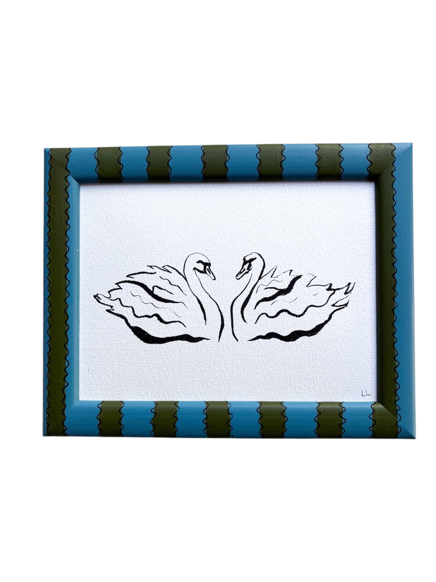 SWAN ORIGINAL INK ARTWORK IN A HAND PAINTED GREEN AND BLUE STRIPED FRAME