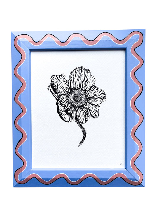 POPPY ORIGINAL INK ARTWORK IN A HAND PAINTED BLUE AND PINK WIGGLE PRELOVED FRAME