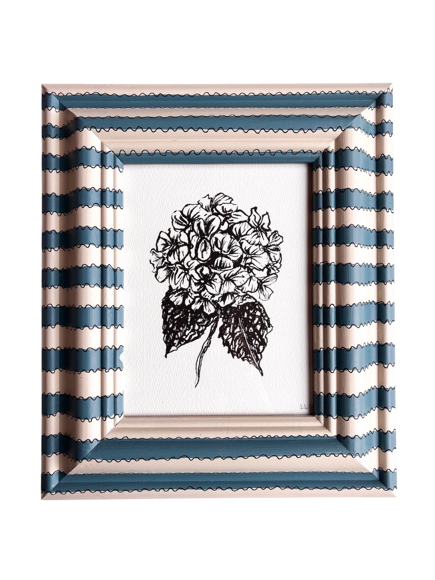 HYDRANGEA ORIGINAL INK ARTWORK IN A HAND PAINTED BLUE AND CREAM PRELOVED FRAME