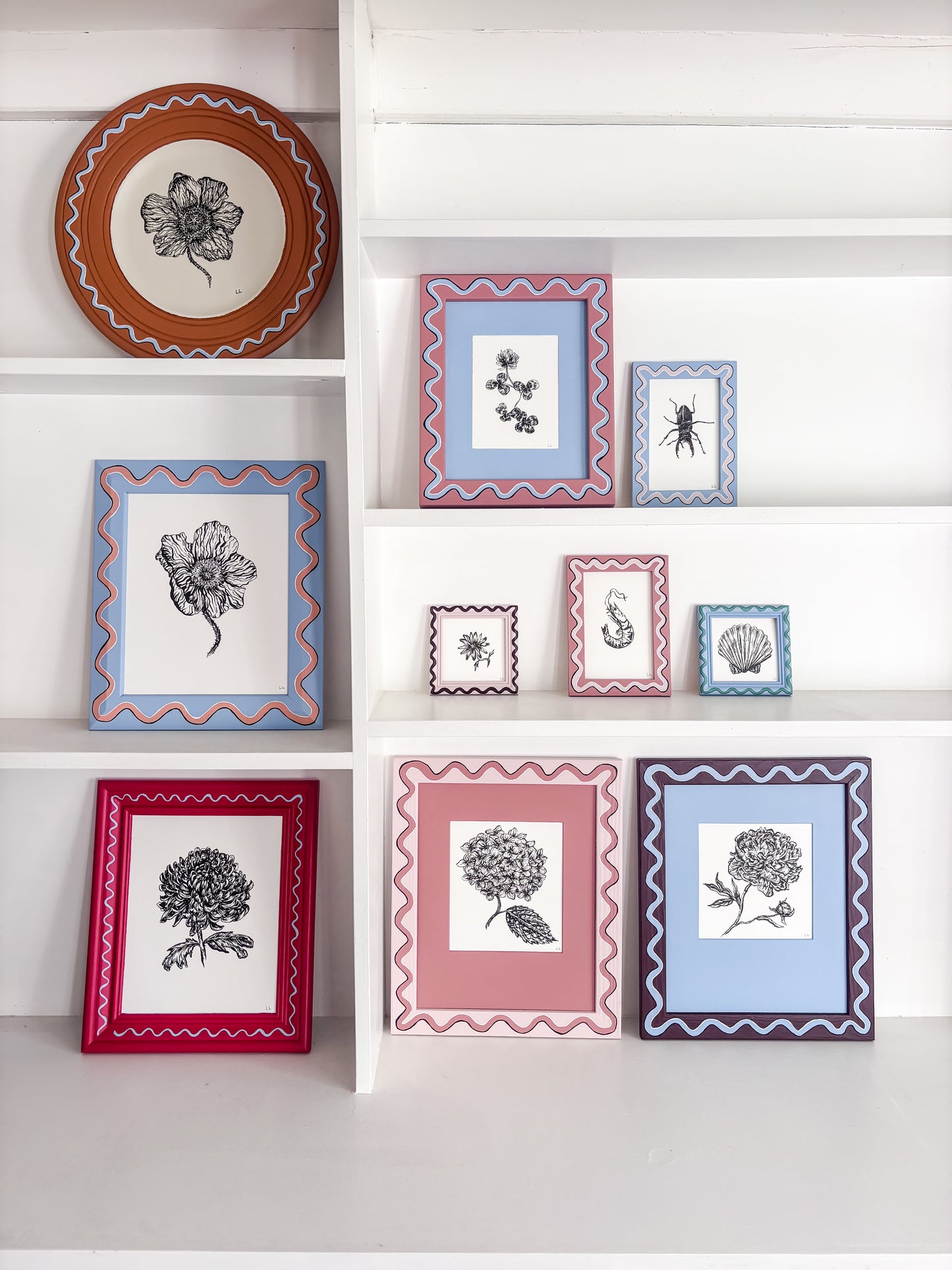 HYDRANGEA ORIGINAL INK ARTWORK IN A HAND PAINTED PINK WIGGLE WITH PINK MOUNT PRELOVED FRAME
