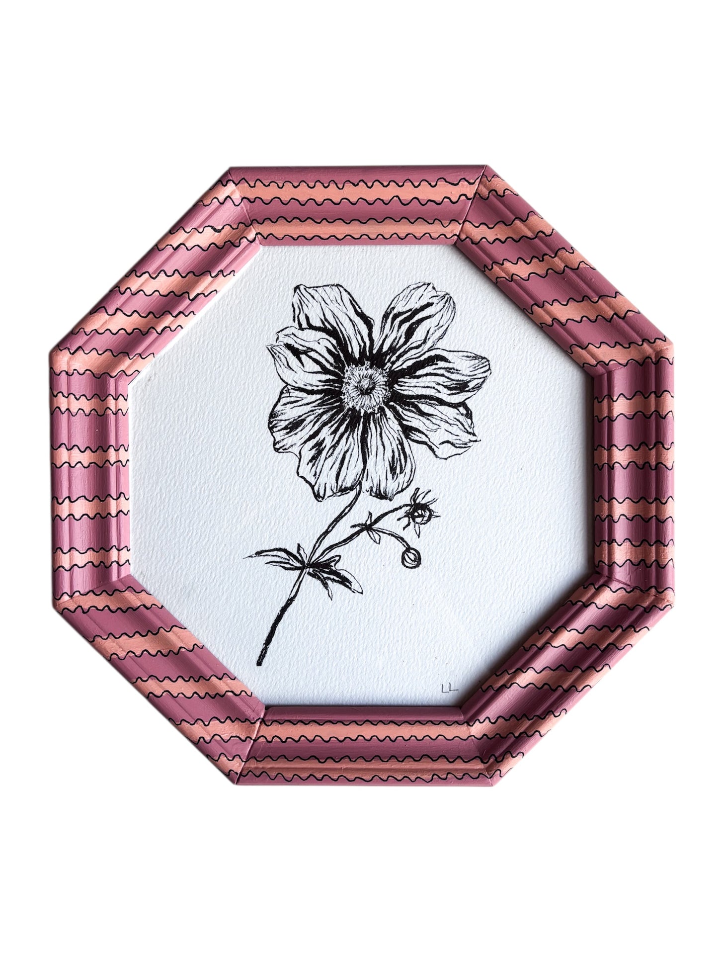 JAPANESE ANEMONE ORIGINAL INK DRAWING IN HAND PAINTED PINK AND CORAL OCTAGONAL FRAME