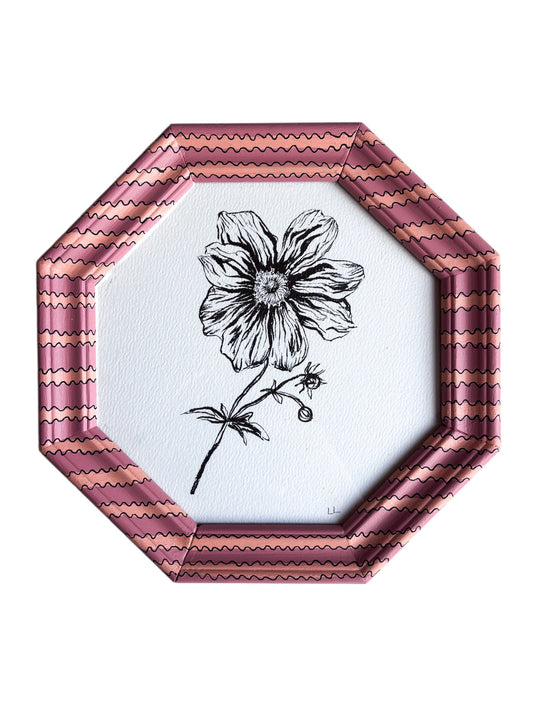 JAPANESE ANEMONE ORIGINAL INK DRAWING IN HAND PAINTED PINK AND CORAL OCTAGONAL FRAME