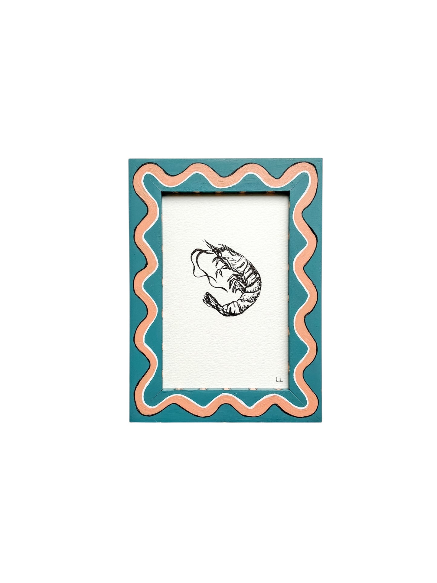 PRAWN ORIGINAL INK ARTWORK IN A HAND PAINTED BLUE AND PINK WIGGLE AND STRIPED PRELOVED FRAME