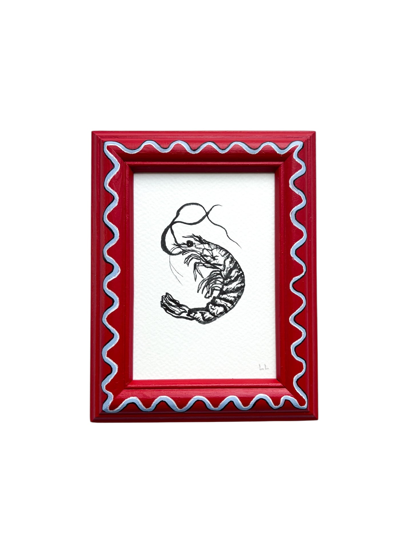 PRAWN ORIGINAL INK ARTWORK IN A HAND PAINTED RED AND BLUE WIGGLE FRAME