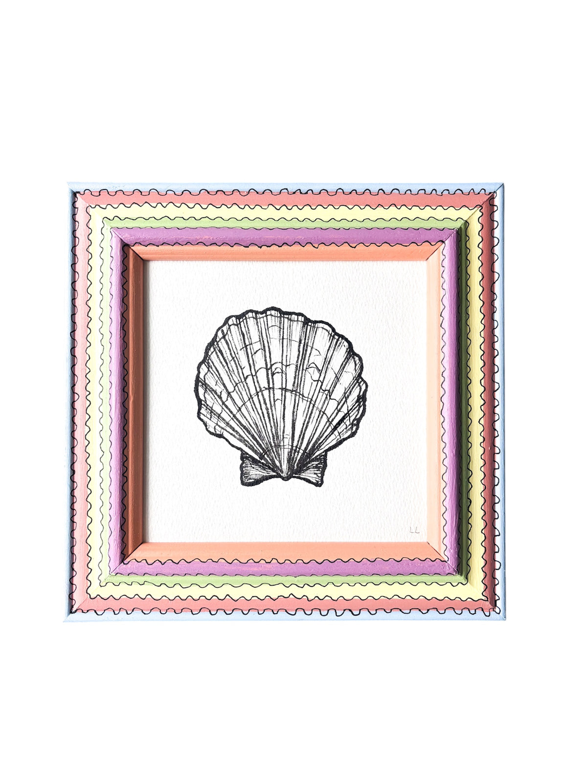 SCALLOP SHELL ORIGINAL INK ARTWORK IN A HAND PAINTED RAINBOW PRELOVED FRAME