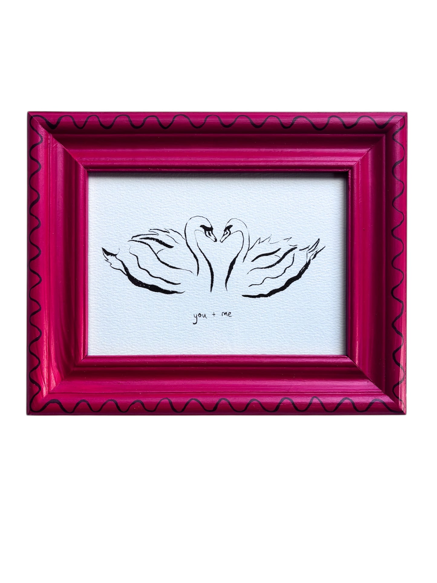 SWAN ORIGINAL INK ARTWORK IN A HAND PAINTED RED AND BURGUNDY WIGGLE FRAME