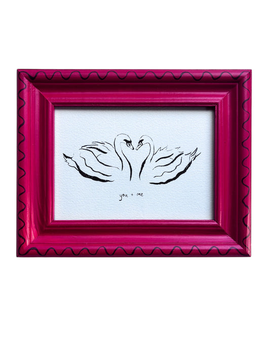 SWAN ORIGINAL INK ARTWORK IN A HAND PAINTED RED AND BURGUNDY WIGGLE FRAME