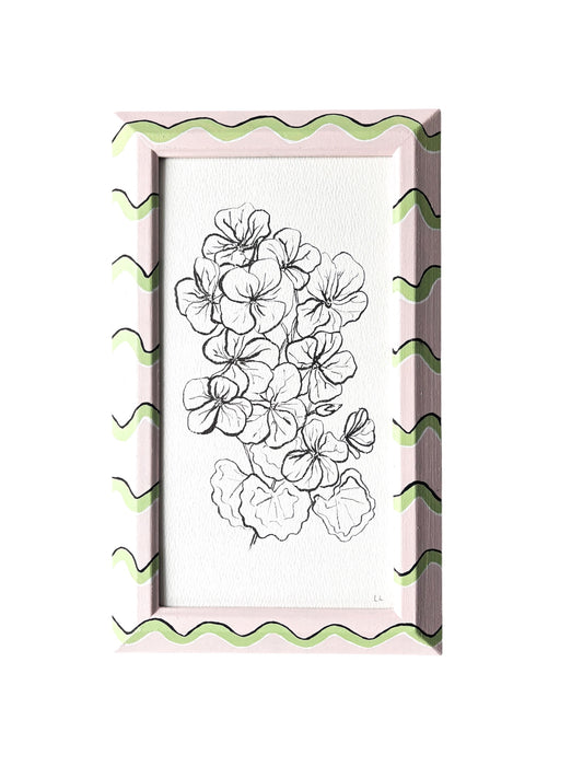 GERANIUM ORIGINAL INK ARTWORK IN A HAND PAINTED PALE PINK AND GREEN WIGGLE STRIPE PRELOVED FRAME