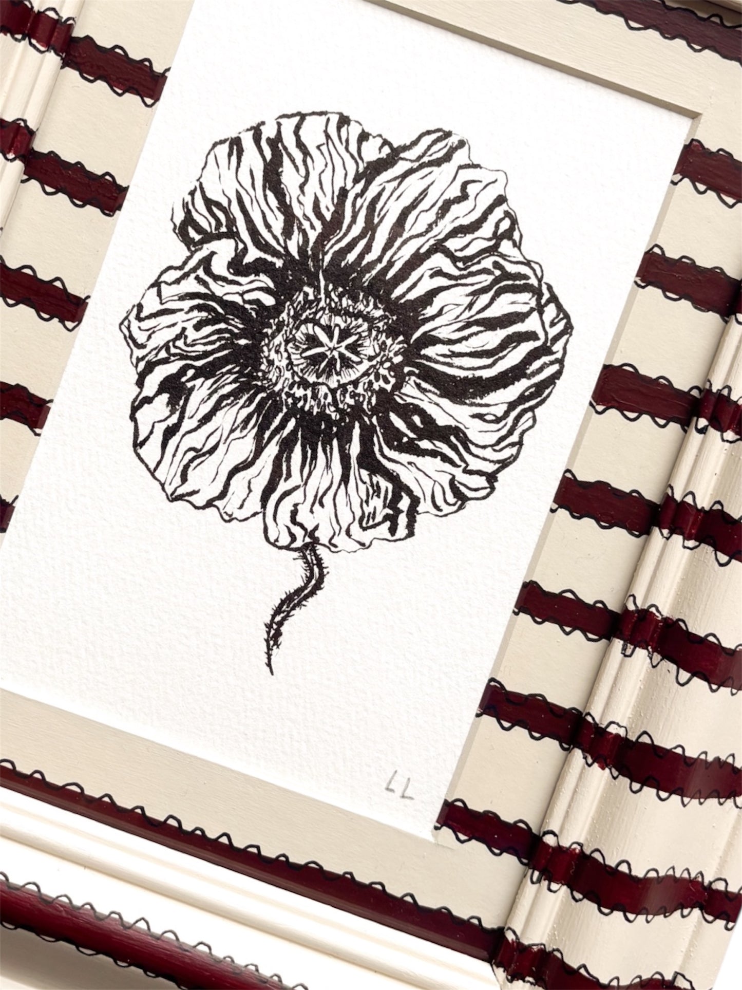 ICELANDIC POPPY ORIGINAL INK ARTWORK IN A HAND PAINTED CREAM AND BURGUNDY PRELOVED FRAME