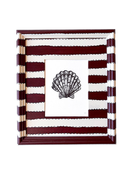 SCALLOP SHELL ORIGINAL INK ARTWORK IN A HAND PAINTED CREAM AND BURGUNDY PRELOVED FRAME