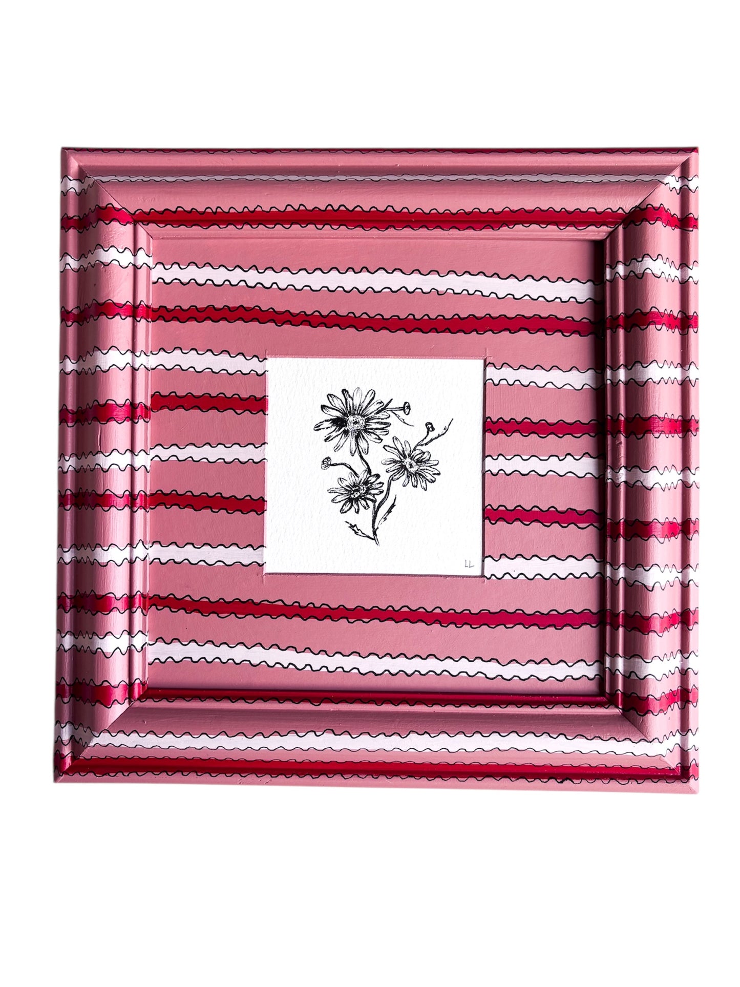 DAISY ORIGINAL INK ARTWORK IN A HAND PAINTED PINK AND RED PRELOVED FRAME