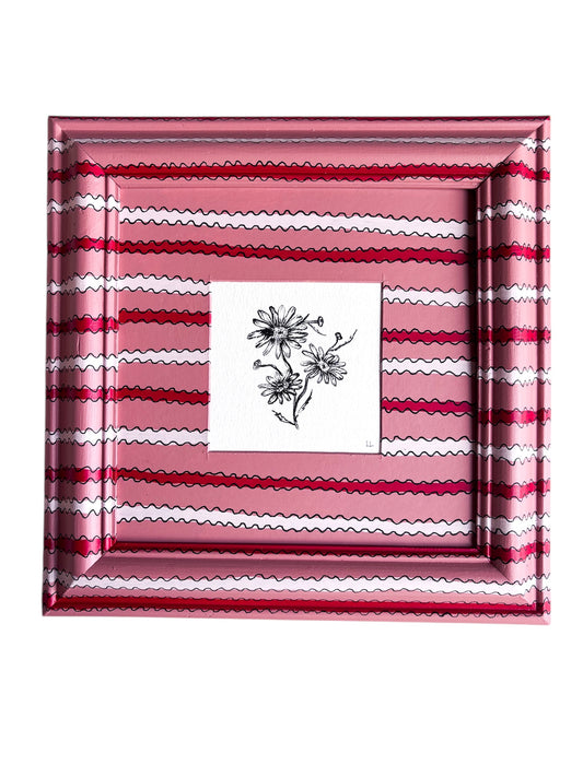 DAISY ORIGINAL INK ARTWORK IN A HAND PAINTED PINK AND RED PRELOVED FRAME