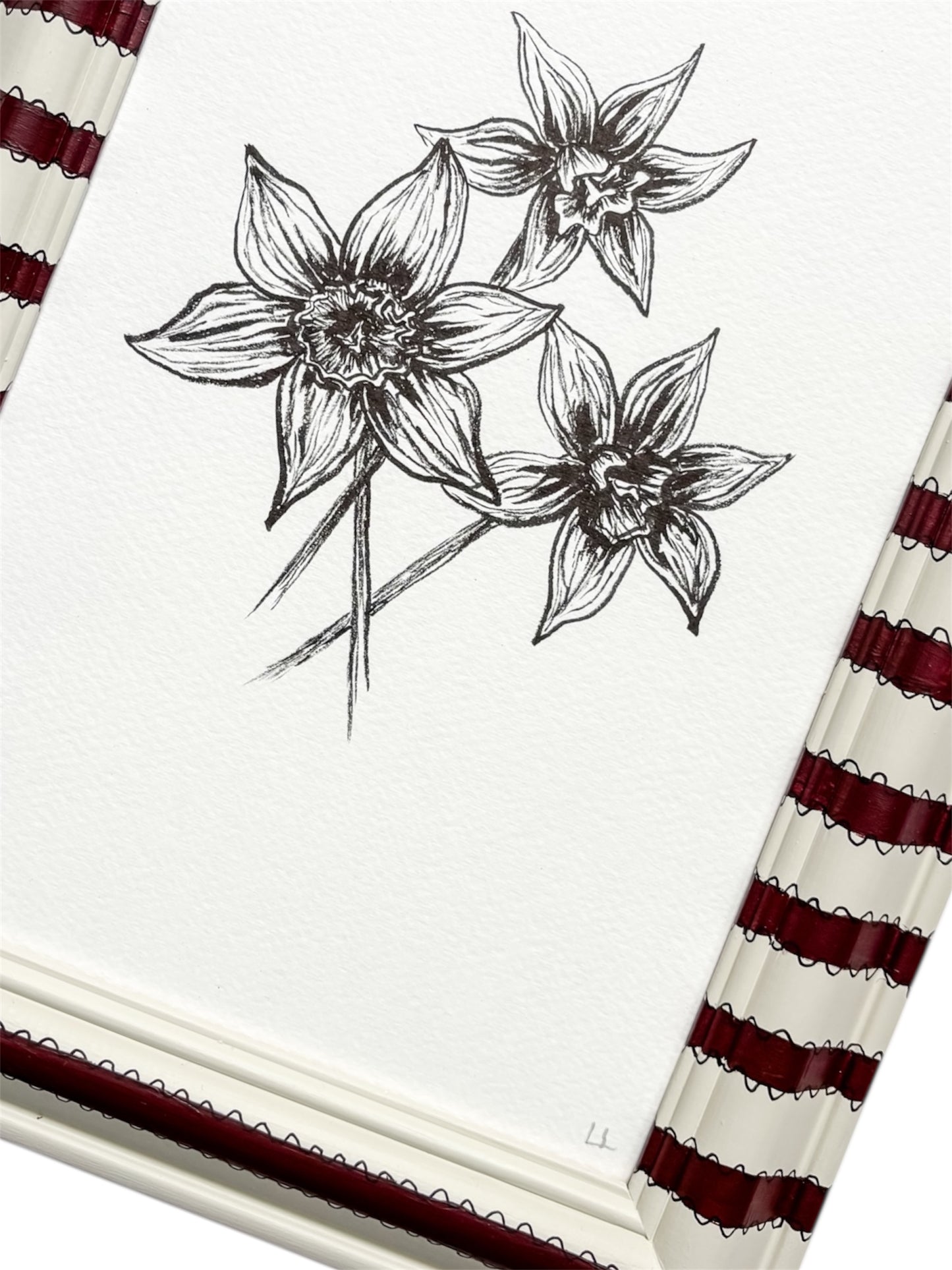 DAFFODILS ORIGINAL INK ARTWORK IN A HAND PAINTED CREAM AND BURGUNDY STRIPE PRELOVED FRAME
