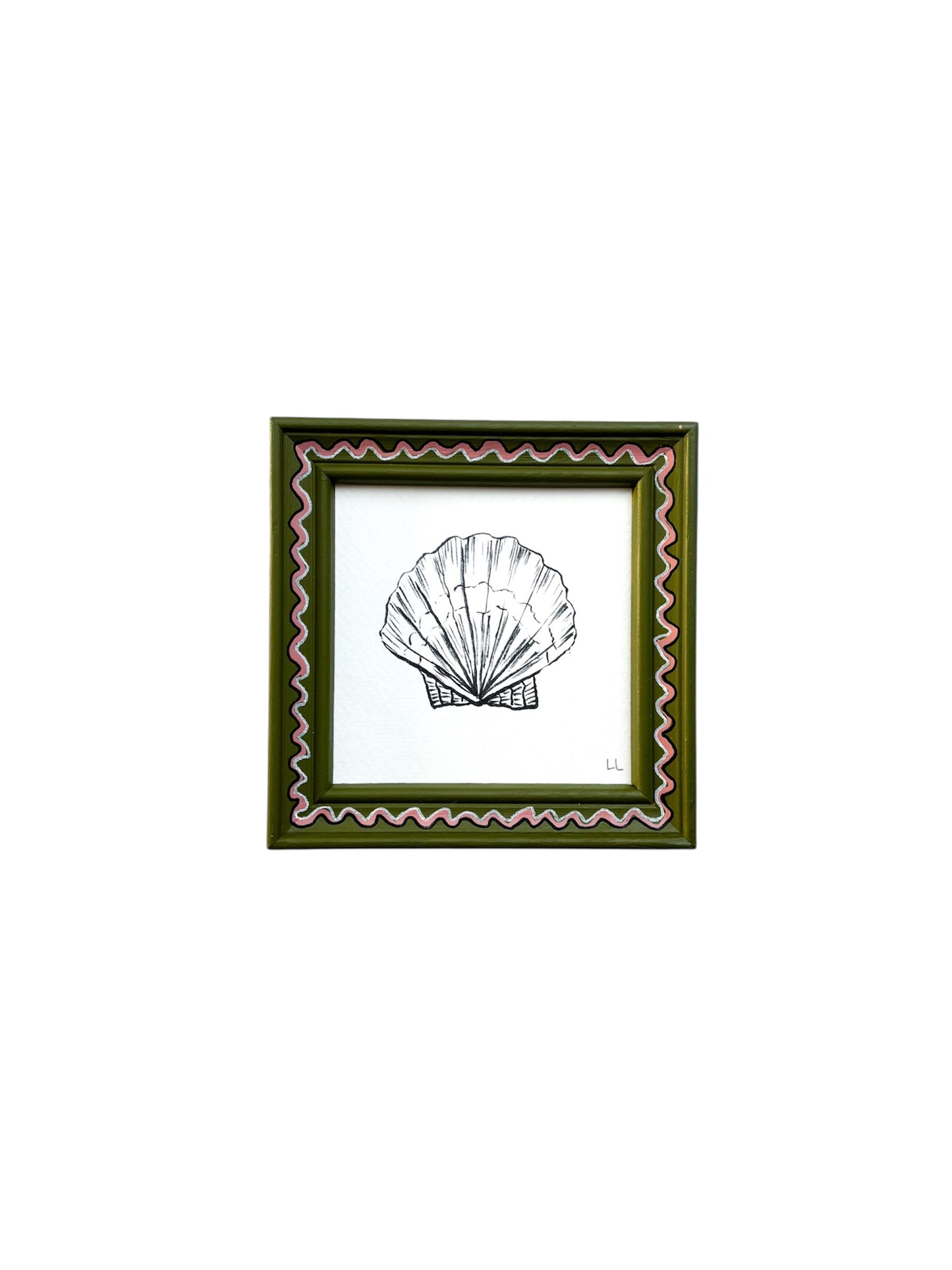 SMALL SCALLOP ORIGINAL INK ARTWORK IN A HAND PAINTED GREEN AND PINK WIGGLE FRAME