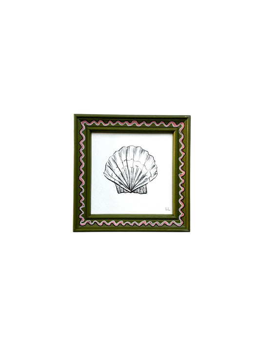 SMALL SCALLOP ORIGINAL INK ARTWORK IN A HAND PAINTED GREEN AND PINK WIGGLE FRAME