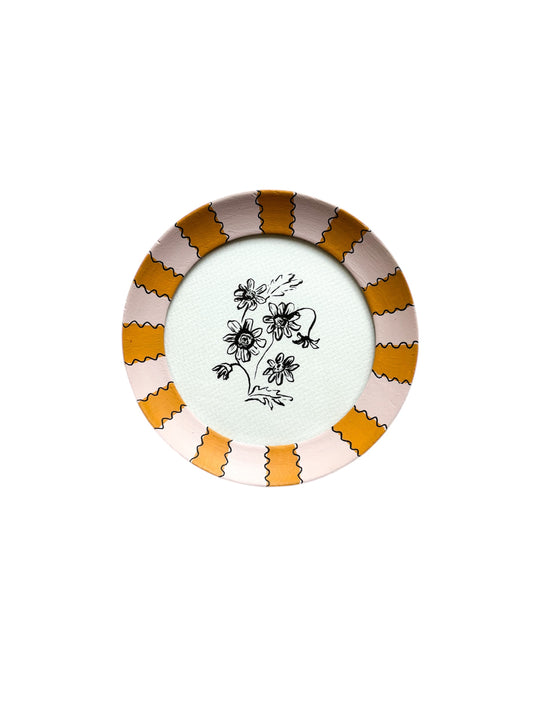 ROUND DAISY ORIGINAL INK ARTWORK IN A HAND PAINTED LIGHT PINK AND MUSTARD PRELOVED FRAME