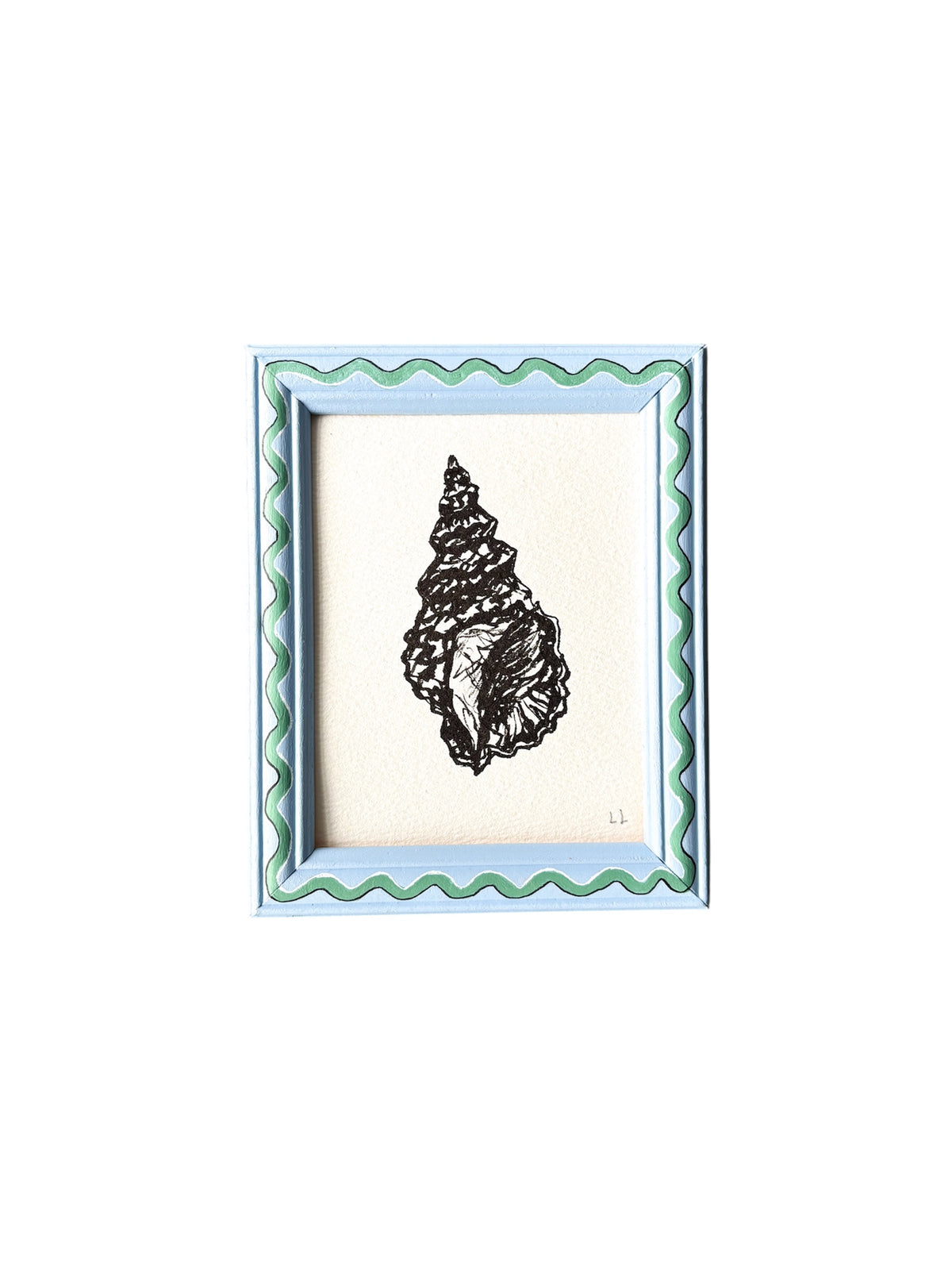 SHELL ORIGINAL INK ARTWORK IN A HAND PAINTED GREEN AND BLUE WIGGLE PRELOVED FRAME
