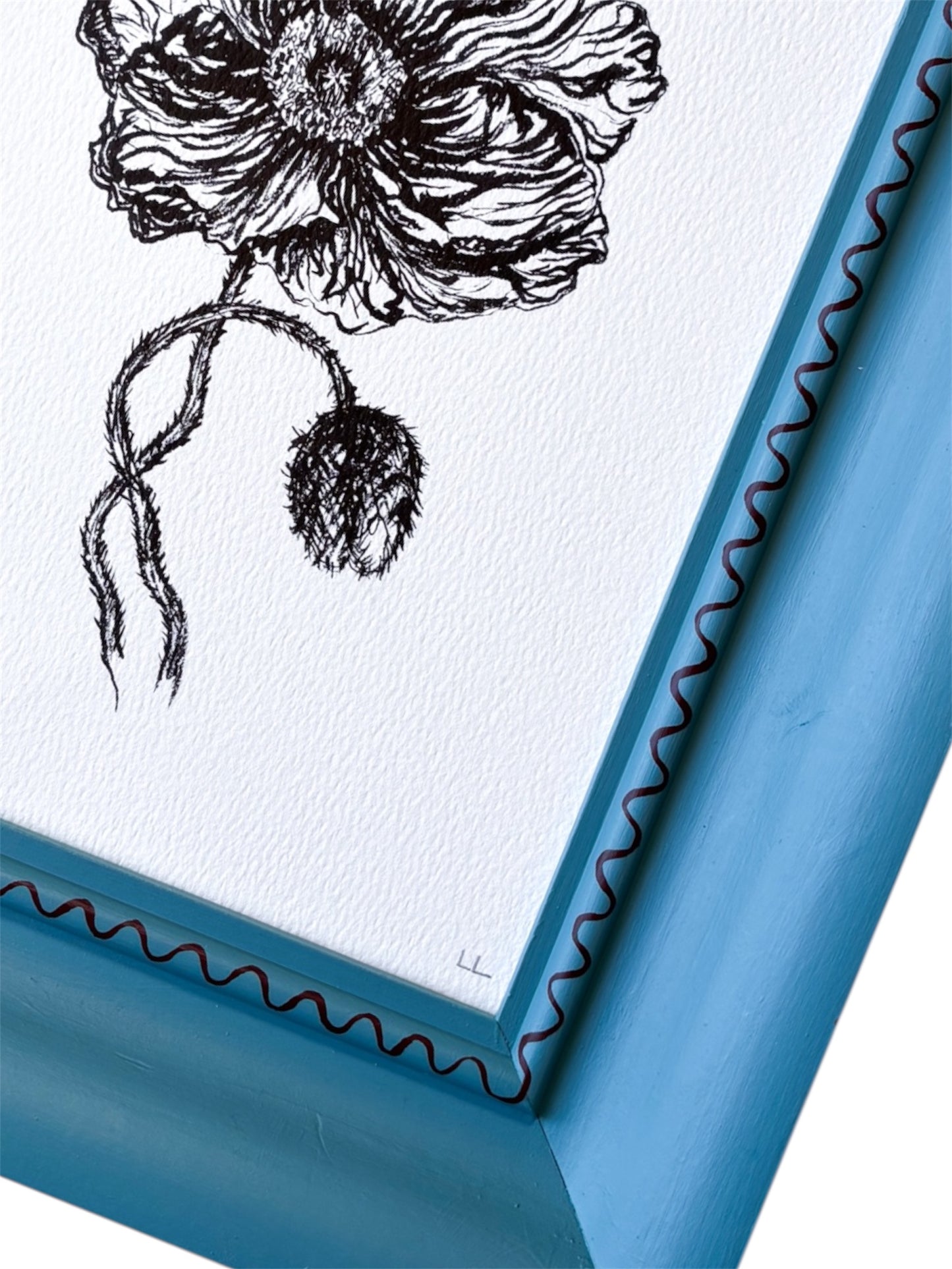 ICELANDIC POPPY ORIGINAL INK ARTWORK IN A HAND PAINTED BLUE AND BURGUNDY PRELOVED FRAME