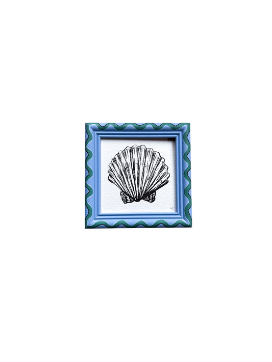SMALL SCALLOP ORIGINAL INK ARTWORK IN A HAND PAINTED BLUE AND GREEN WIGGLE FRAME