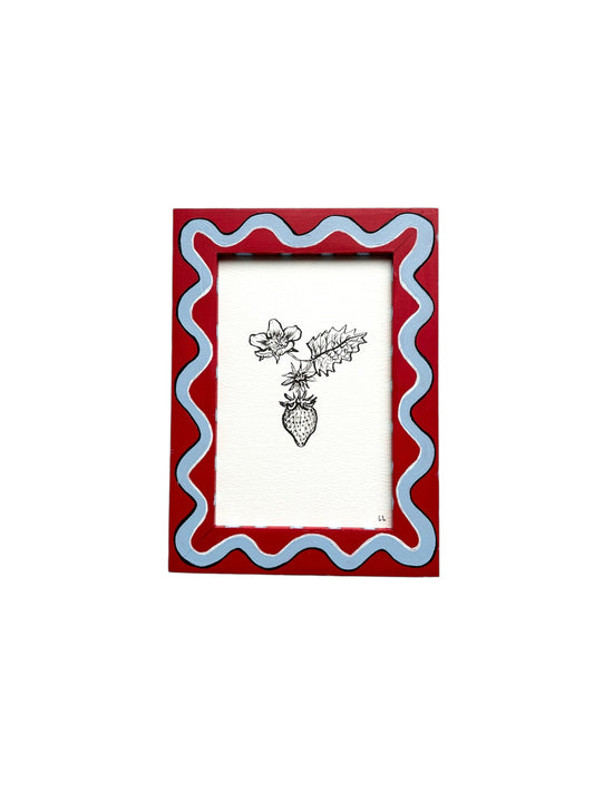 STRAWBERRY ORIGINAL INK ARTWORK IN A HAND PAINTED RED AND BLUE WIGGLE AND STRIPED PRELOVED FRAME