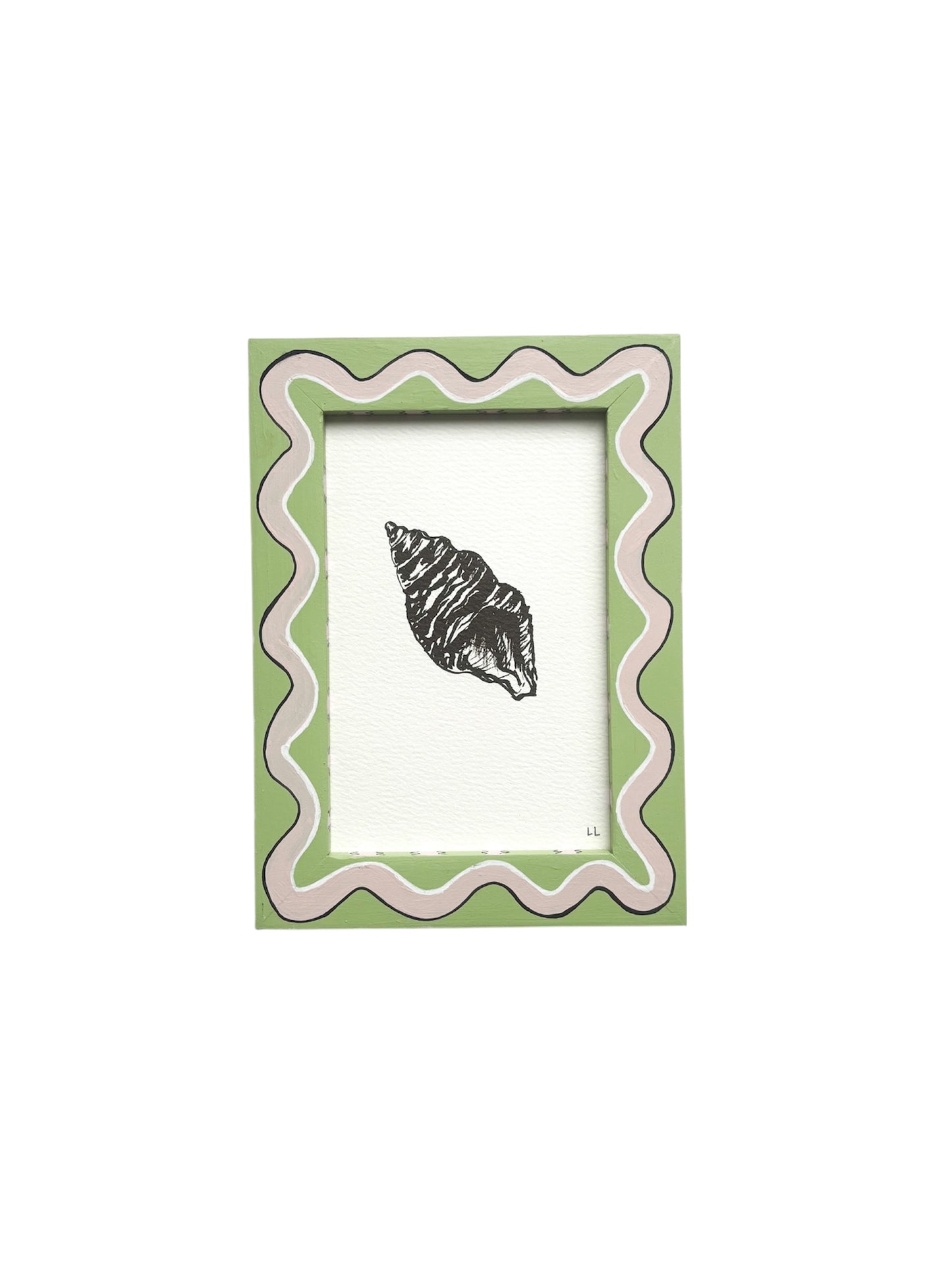 SHELL ORIGINAL INK ARTWORK IN A HAND PAINTED PALE GREEN AND PINK WIGGLE AND STRIPED PRELOVED FRAME