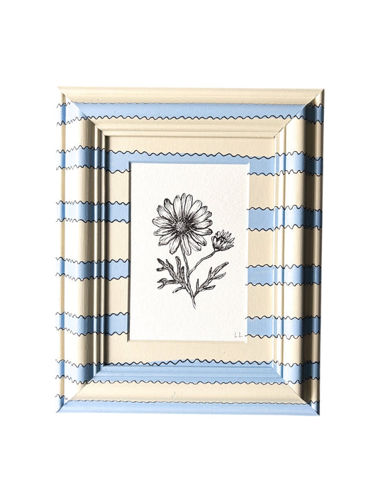 DAISY ORIGINAL INK ARTWORK IN A HAND PAINTED BLUE AND CREAM STRIPED PRELOVED FRAME
