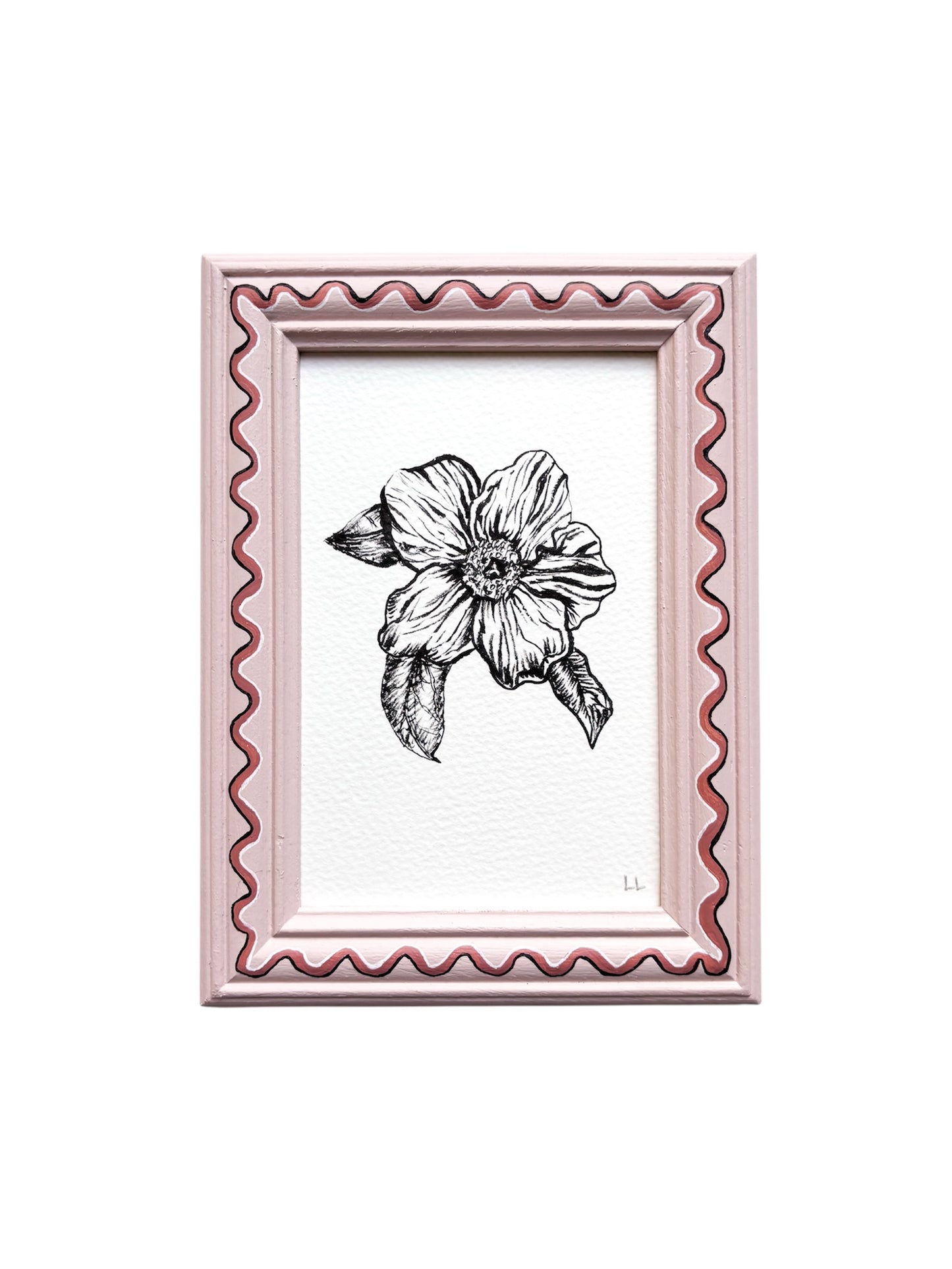 CAMELLIA ORIGINAL INK ARTWORK IN A HAND PAINTED LIGHT PINK AND DARK PINK WIGGLE PRELOVED FRAME