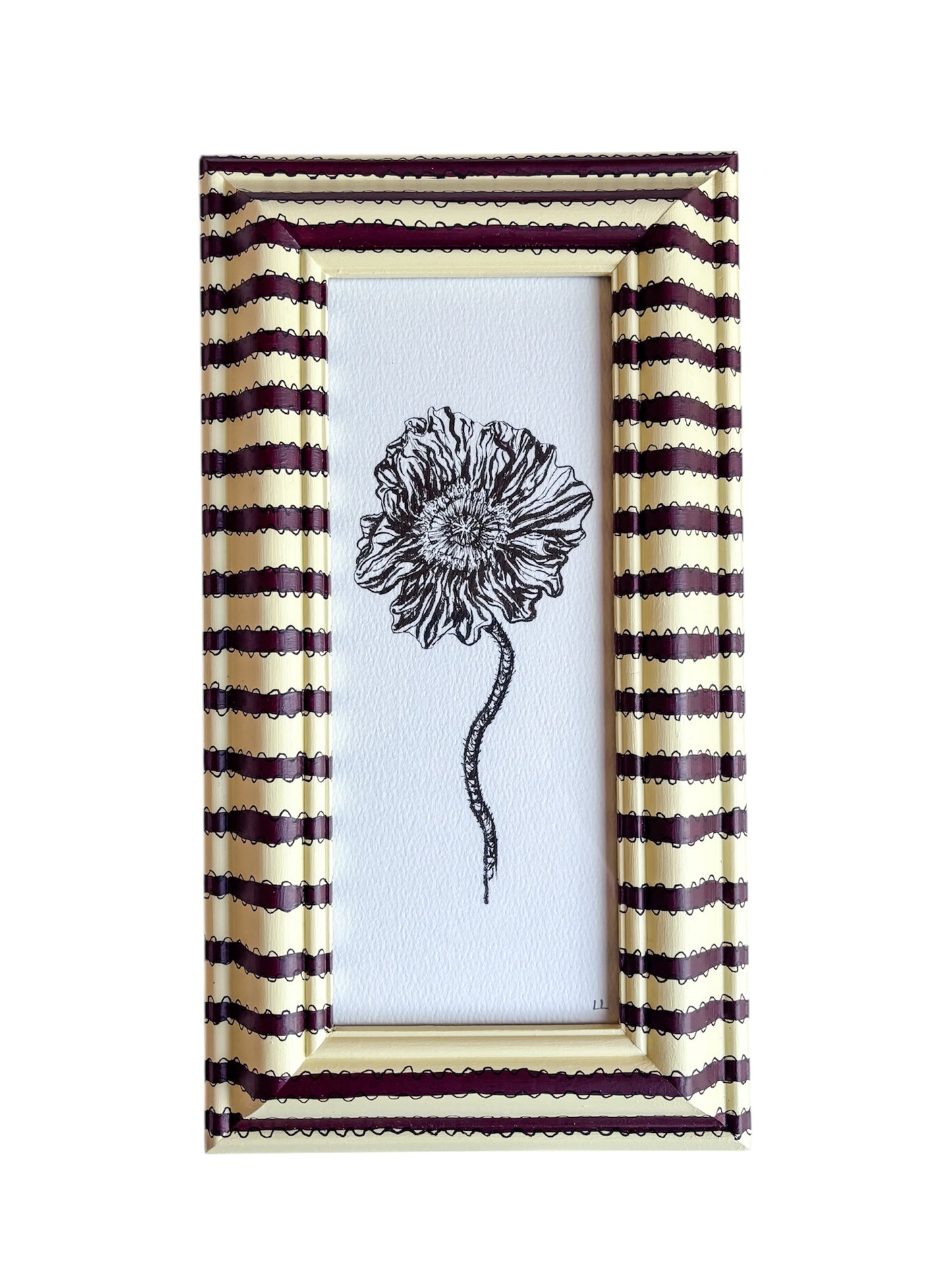 ICELANDIC POPPY ORIGINAL INK ARTWORK IN A HAND PAINTED YELLOW AND BURGUNDY STRIPE PRELOVED FRAME