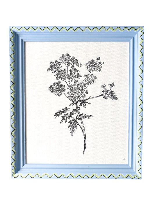 COW PARSLEY ORIGINAL INK ARTWORK IN A HAND PAINTED BLUE AND PALE GREEN WIGGLE PRELOVED FRAME