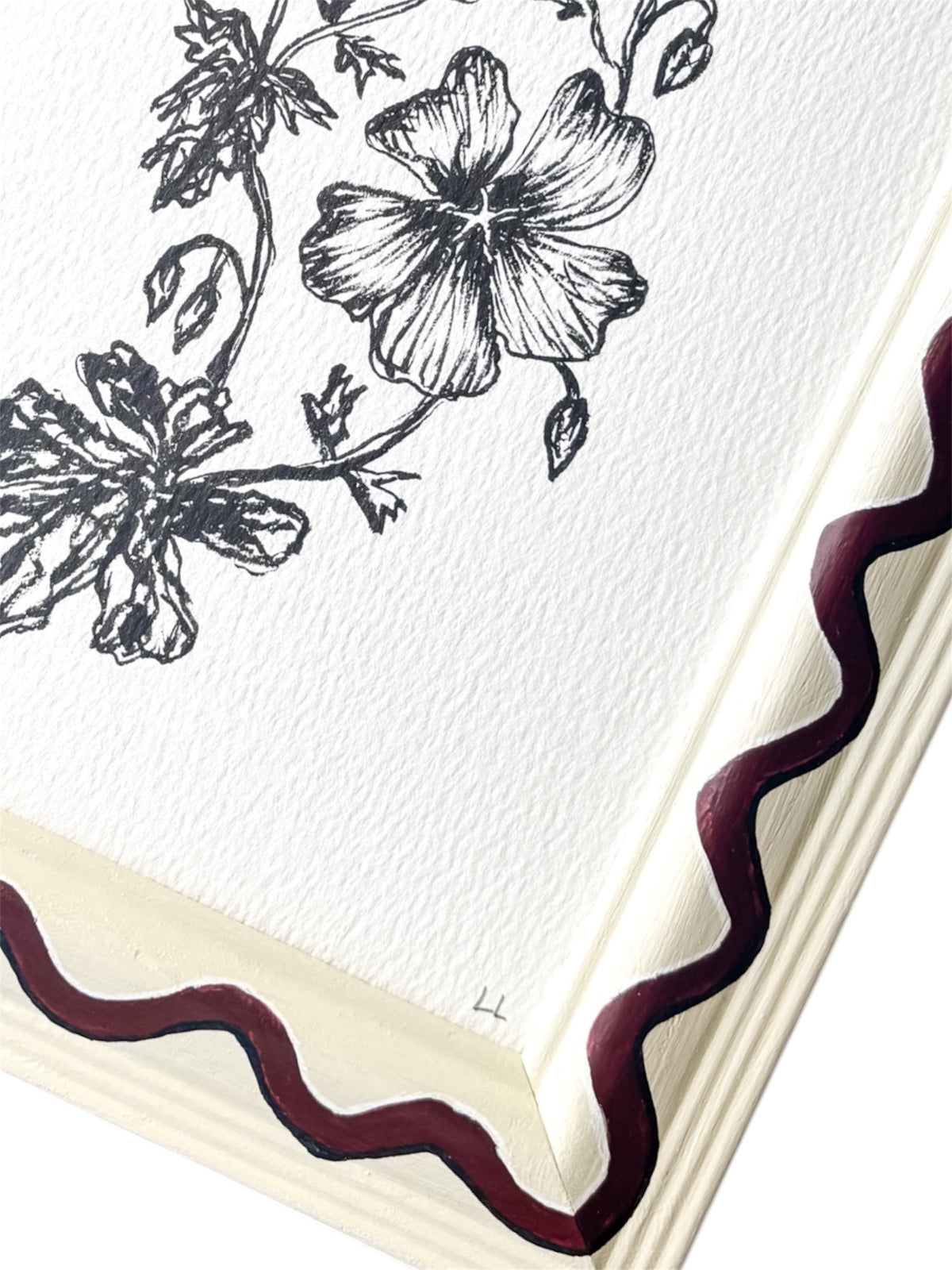 WILDFLOWER ORIGINAL INK ARTWORK IN A HAND PAINTED CREAM AND BURGUNDY WIGGLE PRELOVED FRAME
