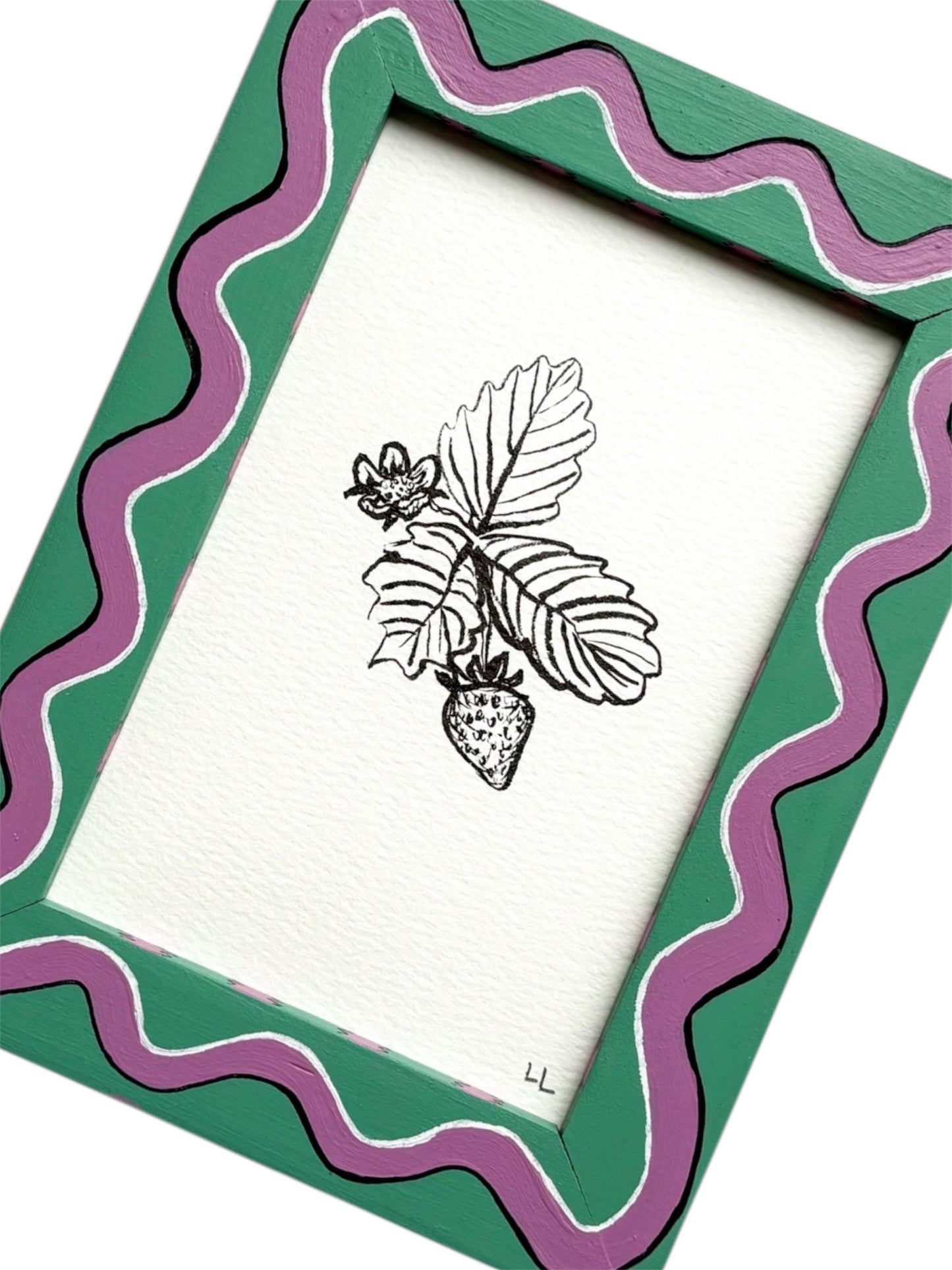 STRAWBERRY ORIGINAL INK ARTWORK IN A HAND PAINTED GREEN AND PURPLE WIGGLE AND STRIPED PRELOVED FRAME