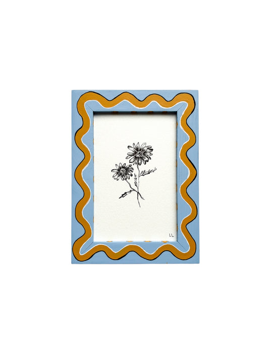 DAISY ORIGINAL INK ARTWORK IN A HAND PAINTED BLUE AND MUSTARD WIGGLE AND STRIPED PRELOVED FRAME