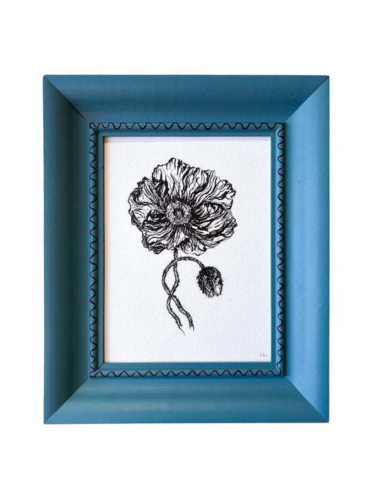ICELANDIC POPPY ORIGINAL INK ARTWORK IN A HAND PAINTED BLUE AND BURGUNDY PRELOVED FRAME