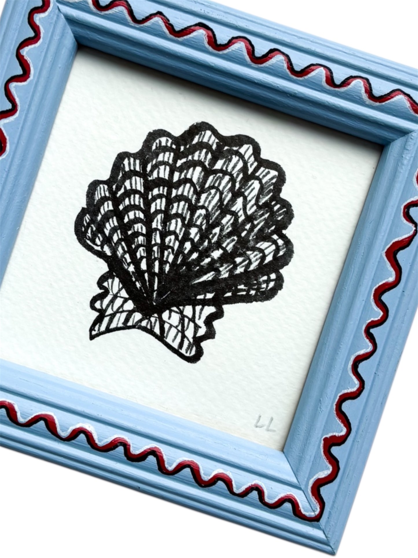 SMALL SCALLOP ORIGINAL INK ARTWORK IN A HAND PAINTED BLUE AND RED WIGGLE FRAME