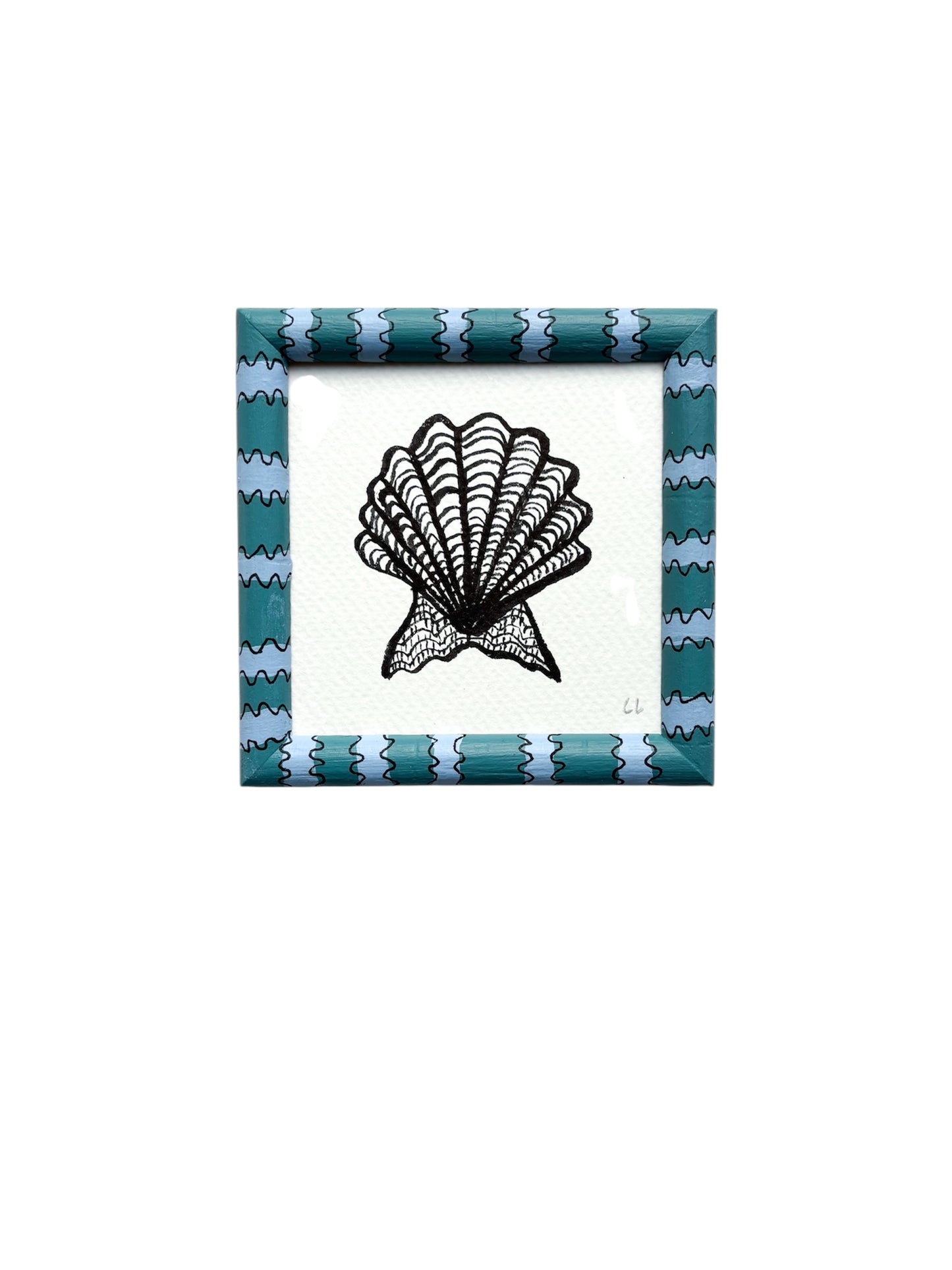SMALL SCALLOP ORIGINAL INK ARTWORK IN A HAND PAINTED BLUE AND GREEN STRIPE FRAME