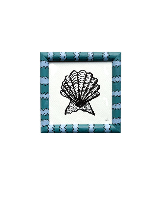 SMALL SCALLOP ORIGINAL INK ARTWORK IN A HAND PAINTED BLUE AND GREEN STRIPE FRAME